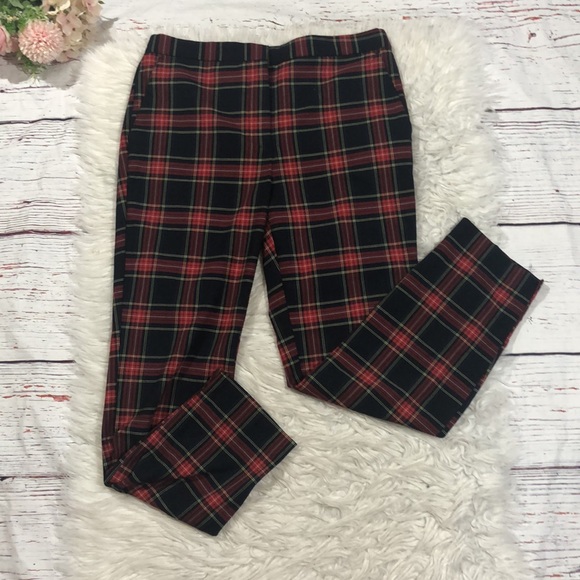 Zara Tartan Plaid Checkered Red High Waisted Elastic Trousers - Picture 2 of 11